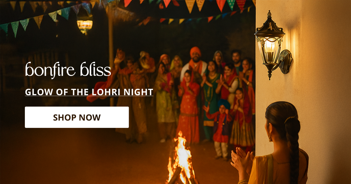 Lohri decor styled with bonfire and festive gathering creating vibrant traditional winter celebration ambiance.