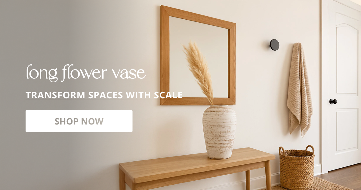 Long flower vase with tall elegant design perfect for floor decor living room styling and modern home interior.