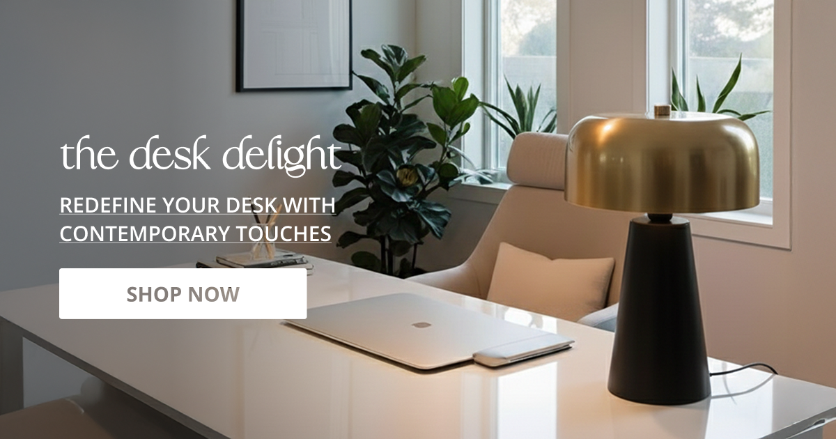 Office decor styled with desk lamp and workspace setup creating productive modern work from home environment.