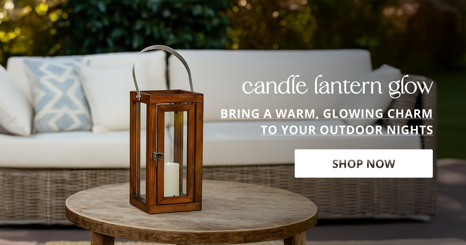 Outdoor candle lanterns with classic metal frame design perfect for patio table decor and warm ambient lighting.