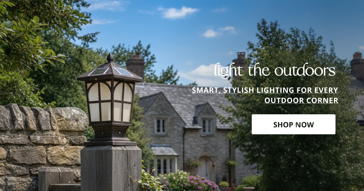 Outdoor lighting with lanterns wall lights and pole fixtures perfect for garden pathway entrance and exterior home decor.