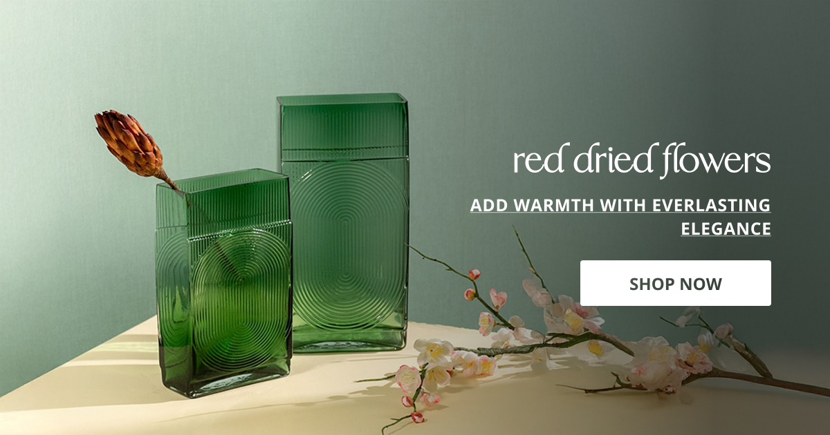 Red dried flowers with decorative stems perfect for vase styling table decor and aesthetic home interior.