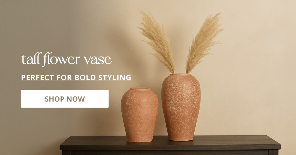 Tall flower vase styled with dried stems on shelf creating balanced elegant statement for modern interiors.