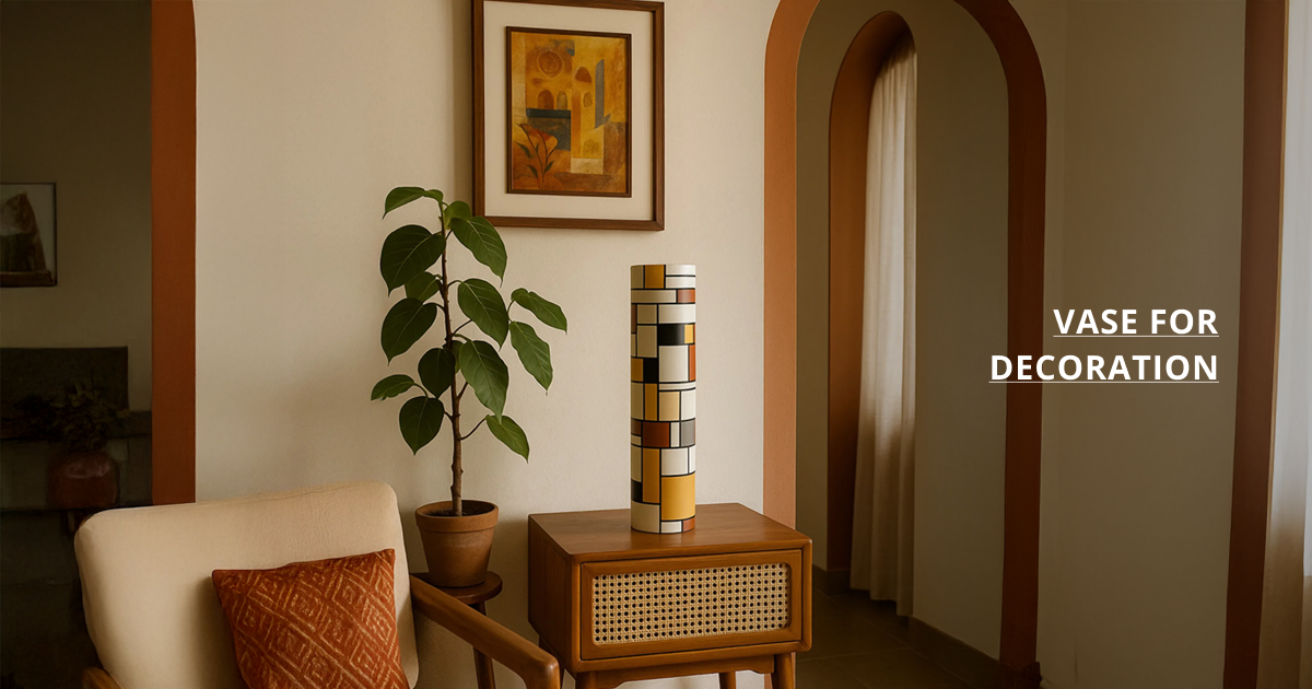 Vase for decoration styled on wooden cabinet with plant creating warm modern aesthetic home decor corner.