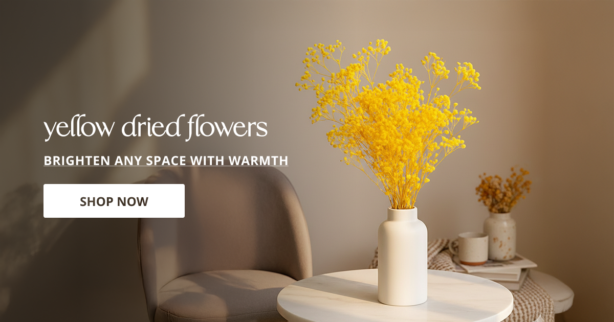Yellow dried flowers with bright decorative stems perfect for vase styling table decor and modern home interior.