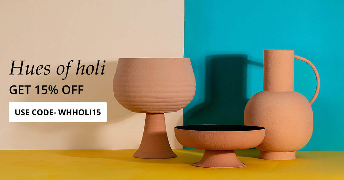 Colorful home decor items with vases lamps and accessories perfect for holi festival shopping and interior styling.