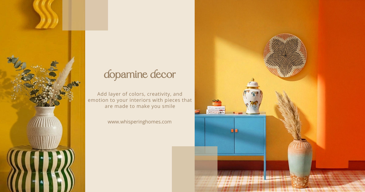 Colorful dopamine home decor setup with blue cabinet ceramic vase dried pampas grass and warm yellow orange wall styling backdrop