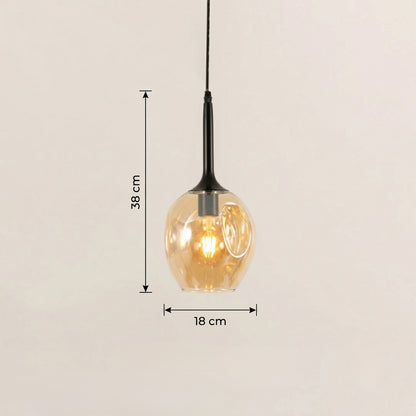Clear glass pendant light with black and brass accents displaying size details elegantly.