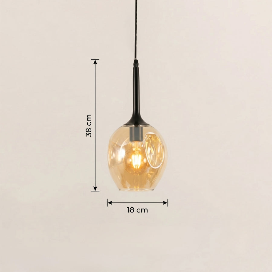 Clear glass pendant light with black and brass accents displaying size details elegantly.