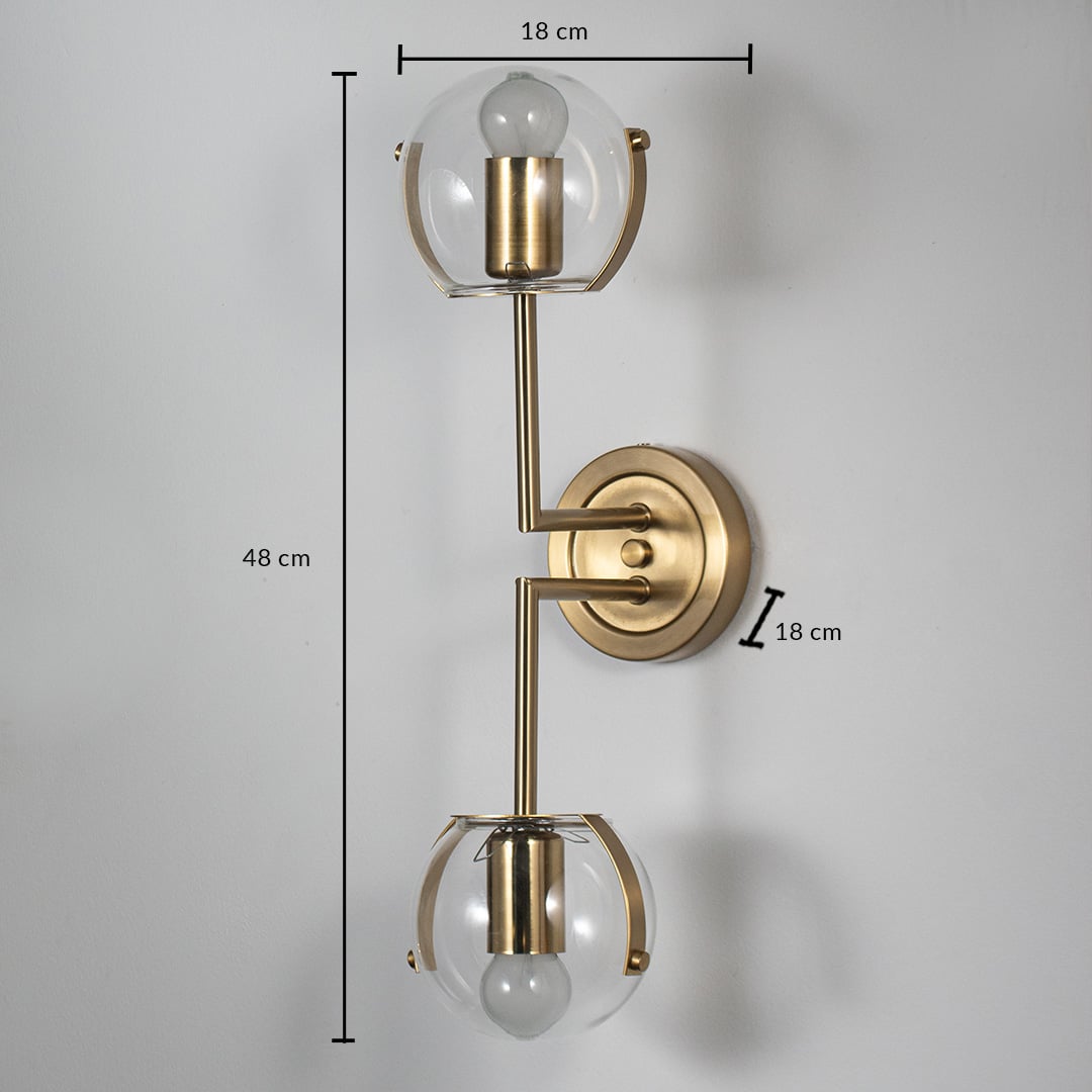 Gold metal wall light with 45 cm height 14.5 cm width and 18 cm depth for luxury modern decor spaces.