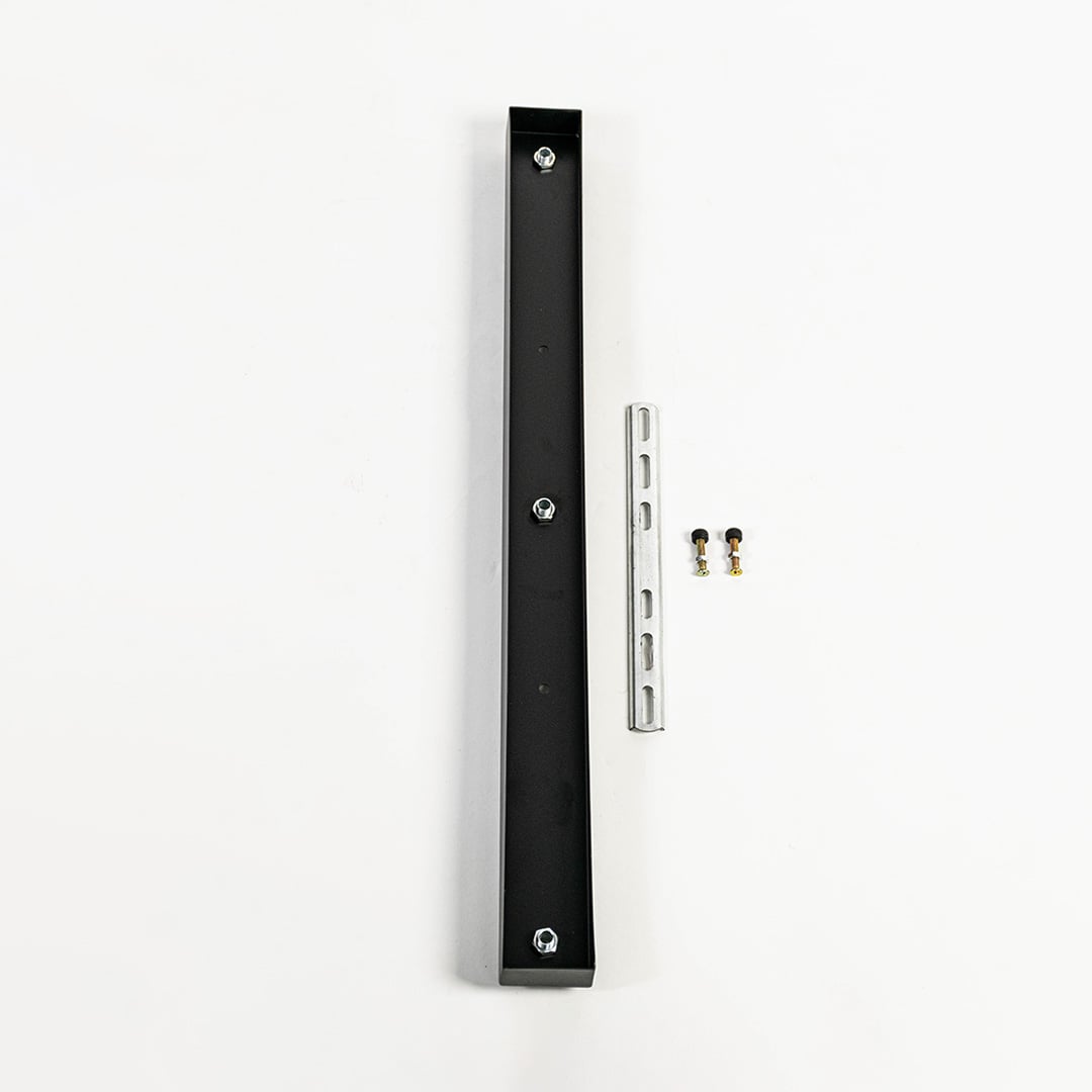 Black metal picture light mounting bar with fixing screws shown on white background highlighting sturdy build and clean finish.