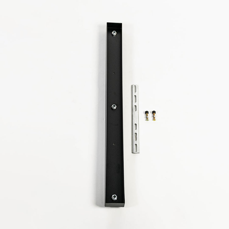 Black metal picture light mounting bar with fixing screws shown on white background highlighting sturdy build and clean finish.