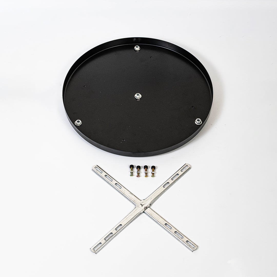 Black metal ceiling canopy with complete mounting accessories displayed on white background for pendant light fitting.