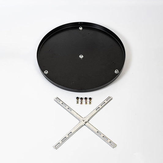 Black metal ceiling canopy with complete mounting accessories displayed on white background for pendant light fitting.