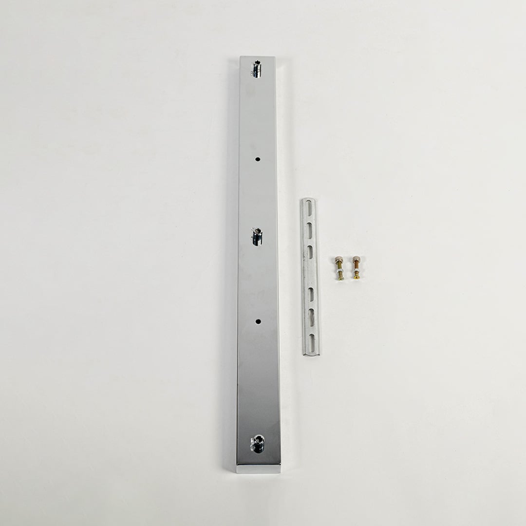 Silver metal picture light mounting bar with installation screws presented on white background for modern wall lighting fixtures.