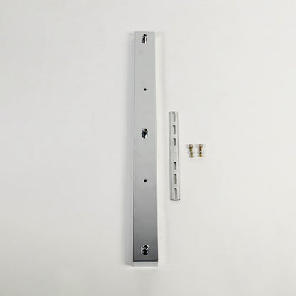 Silver metal picture light mounting bar with installation screws presented on white background for modern wall lighting fixtures.