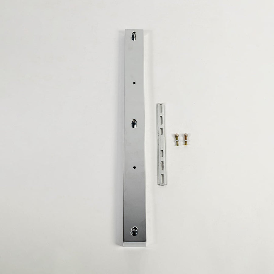Silver metal picture light mounting bar with installation screws presented on white background for modern wall lighting fixtures.