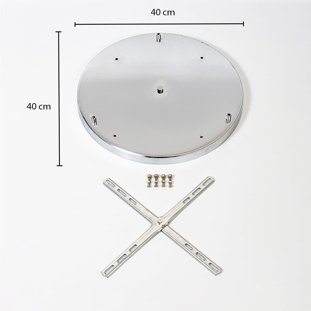 Gold round ceiling plate showing 40 cm diameter dimensions with mounting points screws and cross bracket included for ceiling light installation reference.