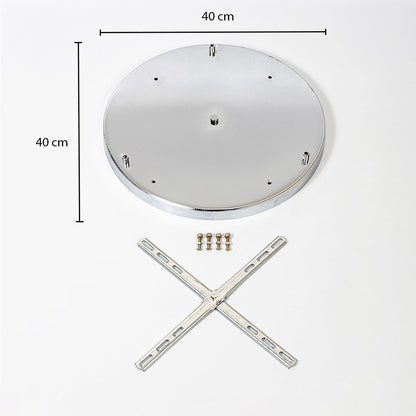 Gold round ceiling plate showing 40 cm diameter dimensions with mounting points screws and cross bracket included for ceiling light installation reference.