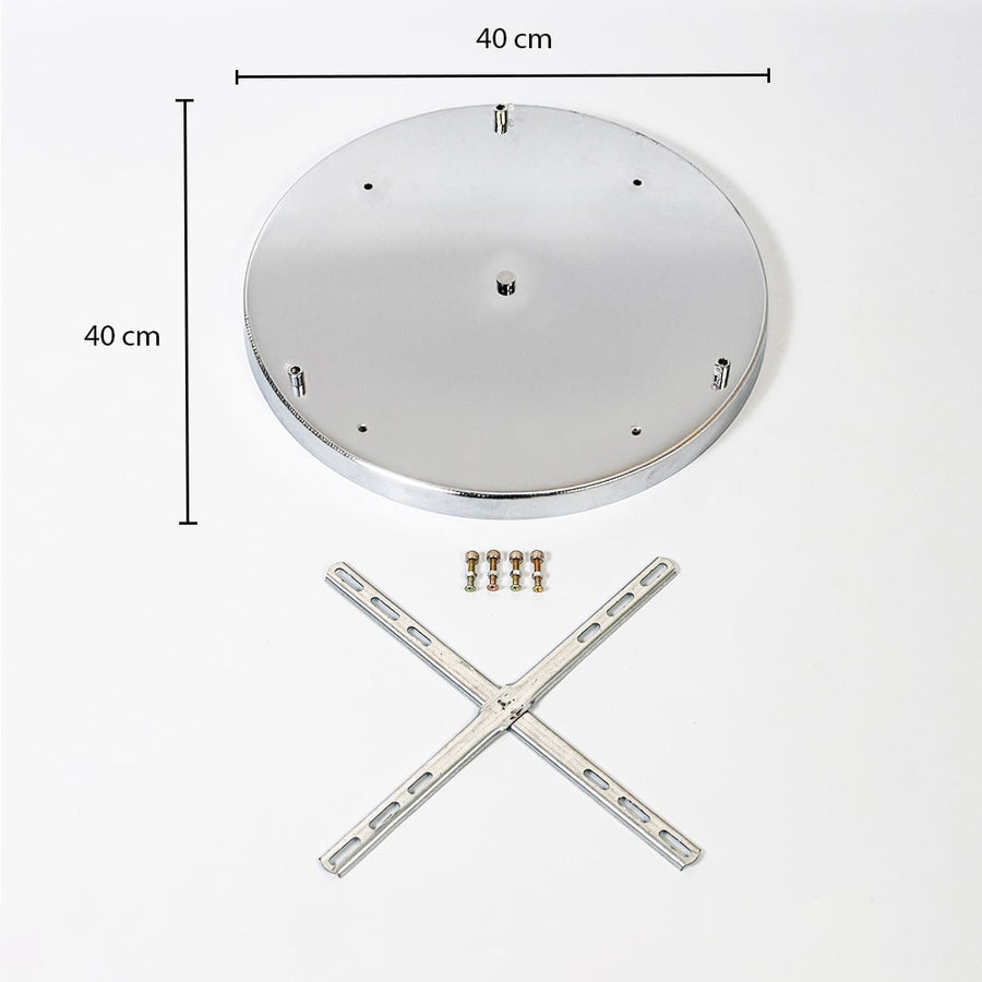 Gold round ceiling plate showing 40 cm diameter dimensions with mounting points screws and cross bracket included for ceiling light installation reference.