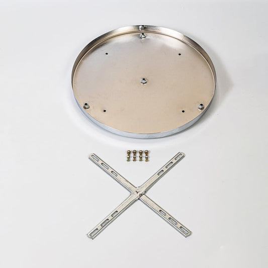 Round gold metal ceiling plate displayed with cross mounting bracket screws and fixing hardware arranged neatly on a clean white background.