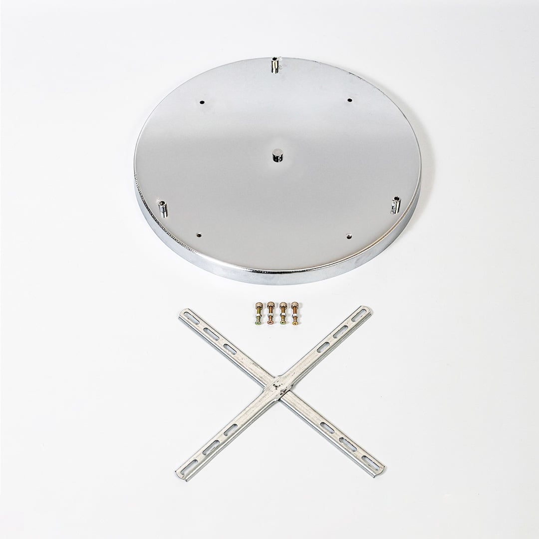 Silver metal ceiling canopy with screw holes and fixing kit shown on white background for modern lighting fixture mounting.