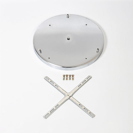 Silver metal ceiling canopy with screw holes and fixing kit shown on white background for modern lighting fixture mounting.