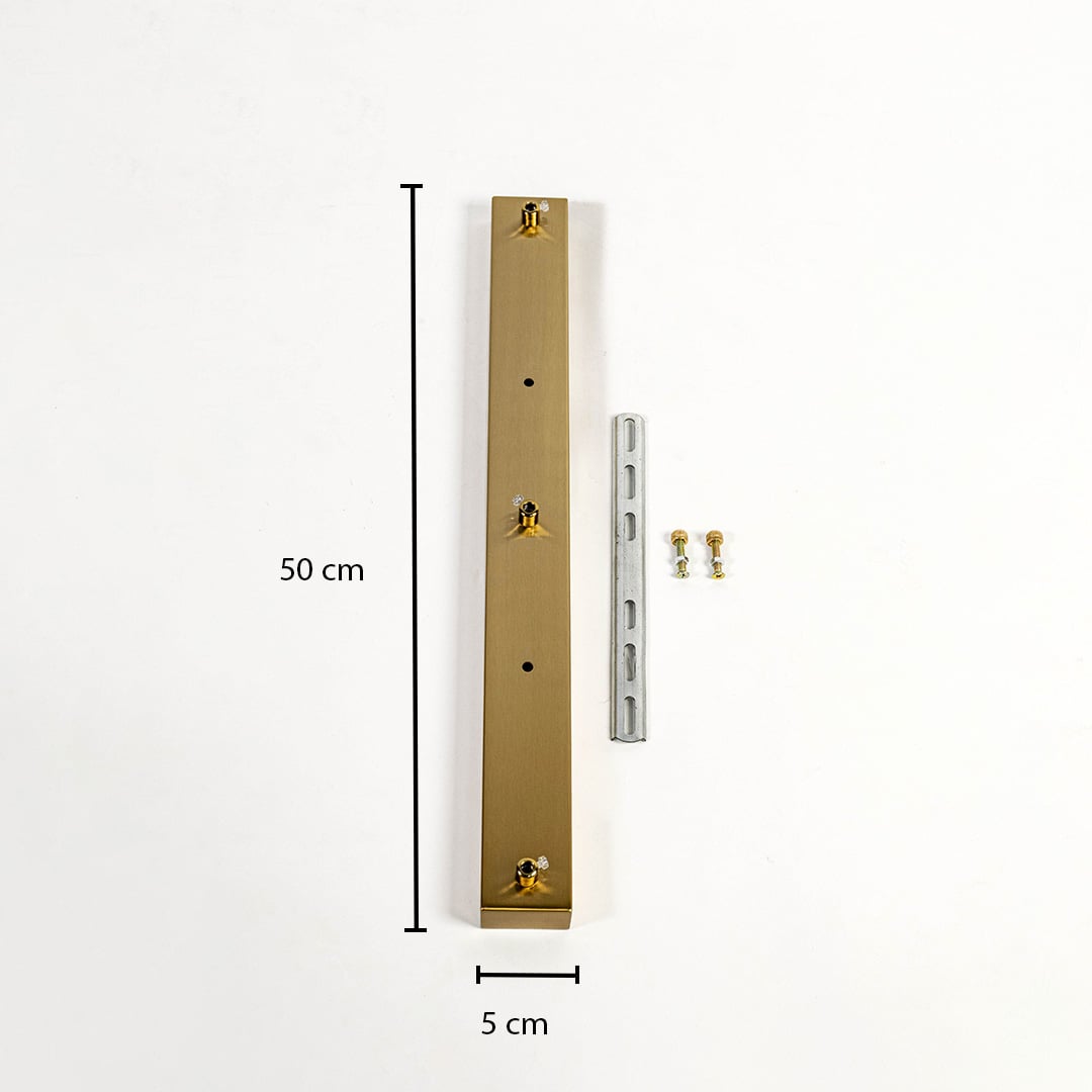 Ceiling plate dimension image showing length 50 cm width 5 cm height profile clearly marked along with mounting slot positions for installation guidance.
