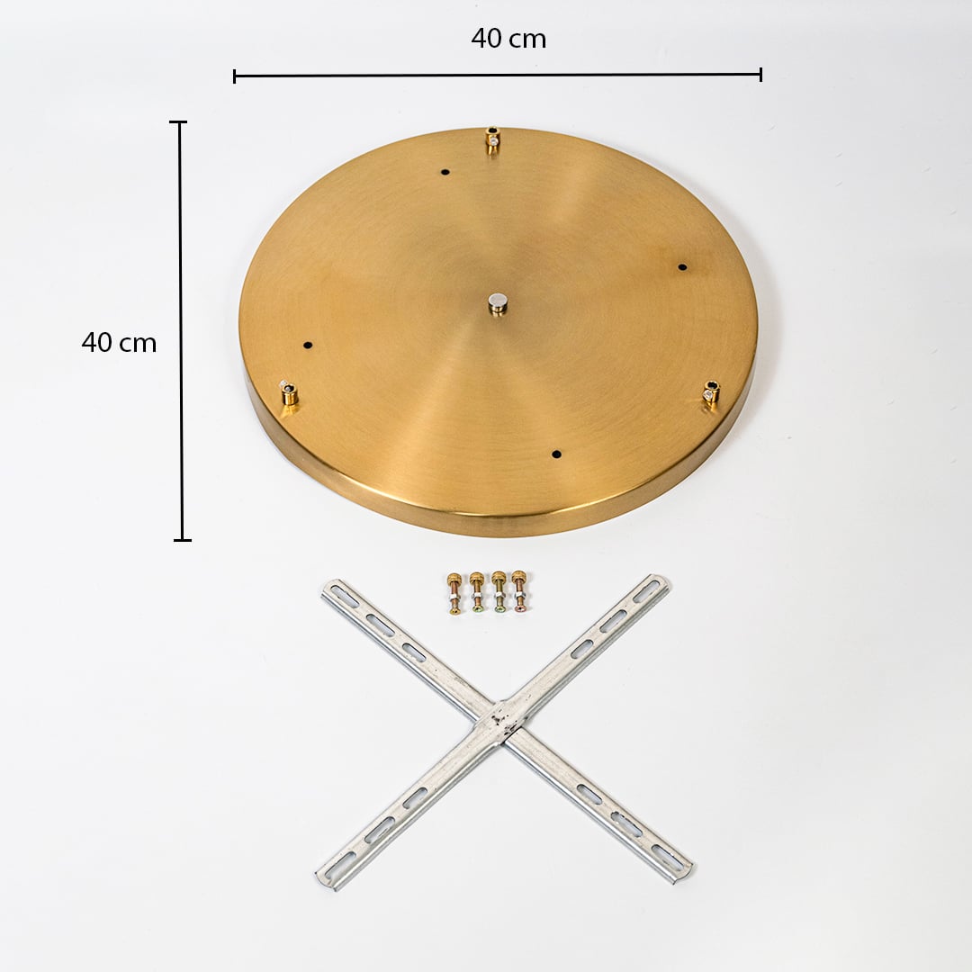 Gold round ceiling plate with 40 cm diameter shown with mounting holes screws and cross bracket displayed for lighting installation reference.