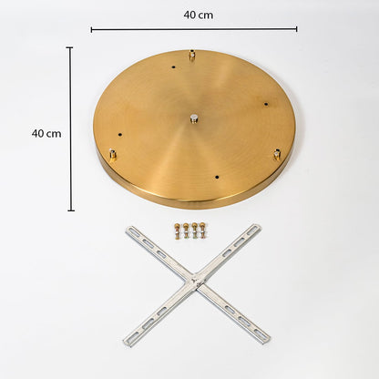 Gold round ceiling plate with 40 cm diameter shown with mounting holes screws and cross bracket displayed for lighting installation reference.
