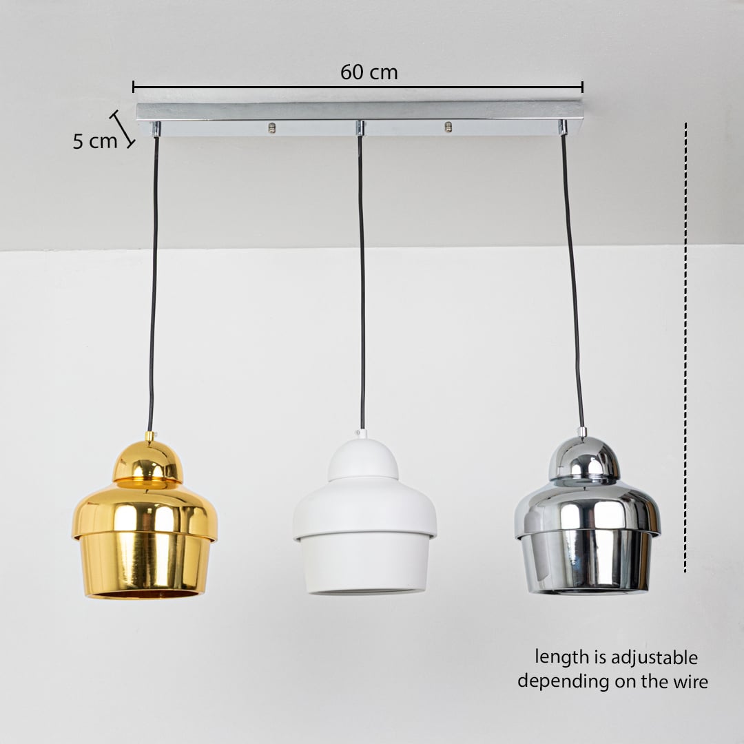 Three color metal pendant light dimension image with adjustable length and 60 cm canopy for dining room placement.