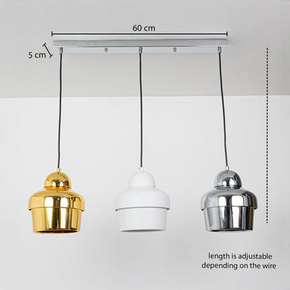 Three color metal pendant light dimension image with adjustable length and 60 cm canopy for dining room placement.