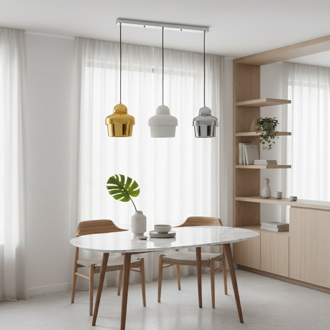 Gold white and chrome metal pendant lights adding elegance above the dining table in modern interiors.