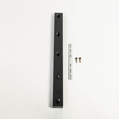 Black metal picture light mounting bar with fixing screws shown on white background highlighting sturdy build and clean finish.