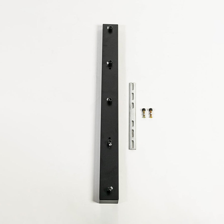 Black metal picture light mounting bar with fixing screws shown on white background highlighting sturdy build and clean finish.