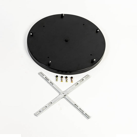 Black metal ceiling canopy with mounting bracket screws and cross bar displayed on white background for secure pendant light installation.