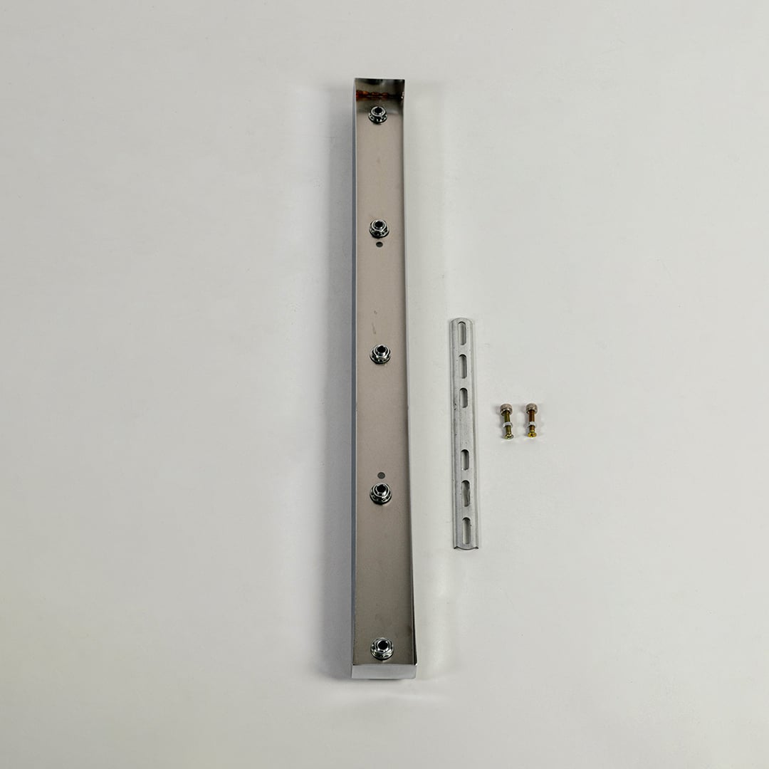 Linear metal ceiling plate shown on white background with mounting slots screws and fittings designed to support multiple pendant light installations securely.