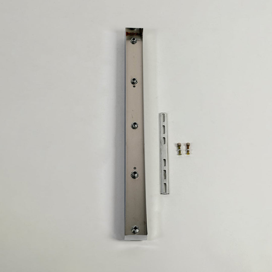 Linear metal ceiling plate shown on white background with mounting slots screws and fittings designed to support multiple pendant light installations securely.