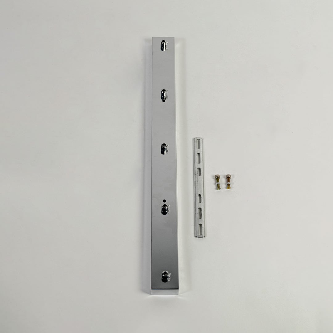 Silver metal picture light mounting bar with screw fittings displayed on white background for secure wall light installation support.