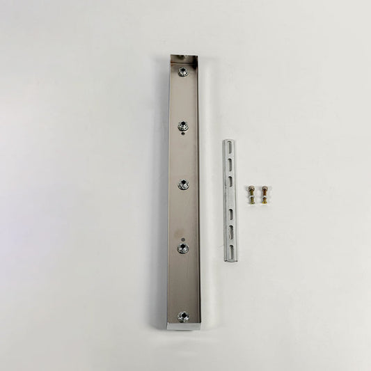 Silver metal picture light mounting bar shown on white background highlighting clean finish fixing points and modern lighting hardware.