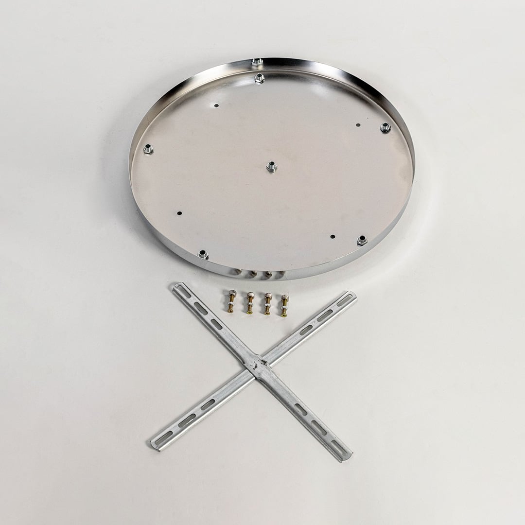 Silver finish round ceiling canopy displayed with mounting holes central bolt cross bracket and screws for ceiling light installation.
