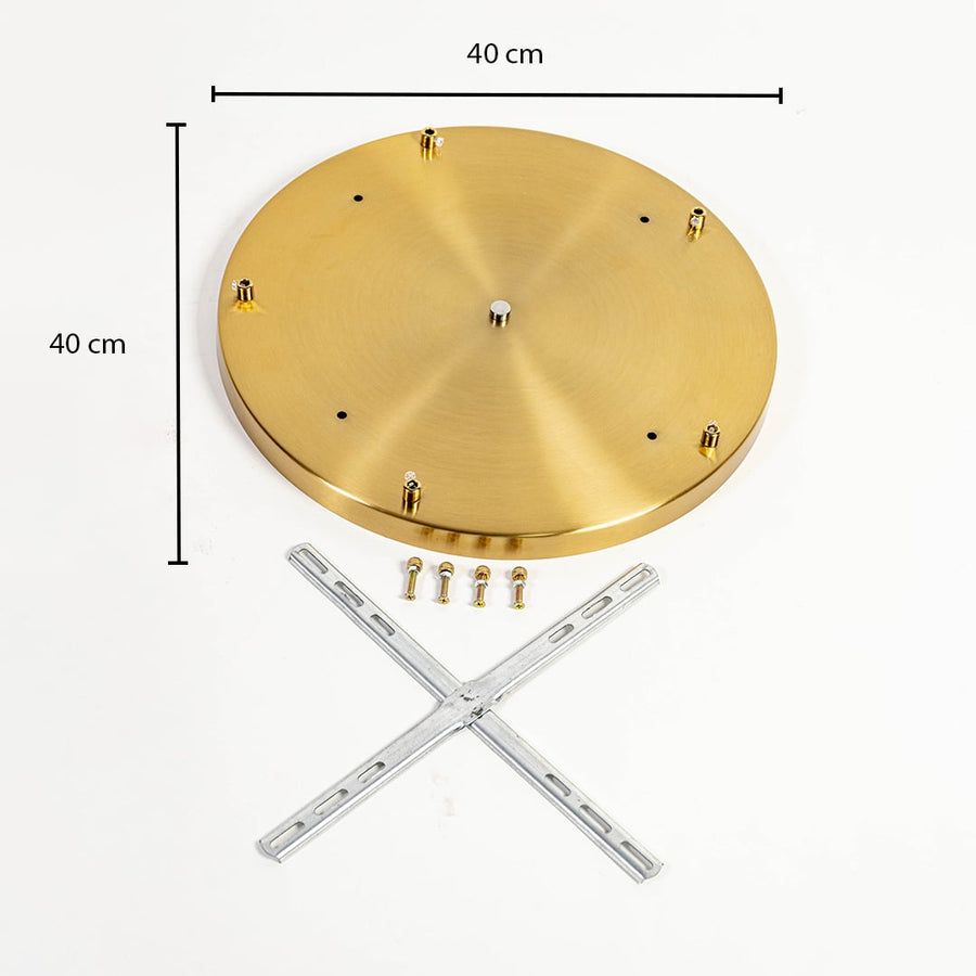 Gold round ceiling plate showing 40 cm diameter dimensions with mounting points screws and cross bracket included for ceiling light installation reference.