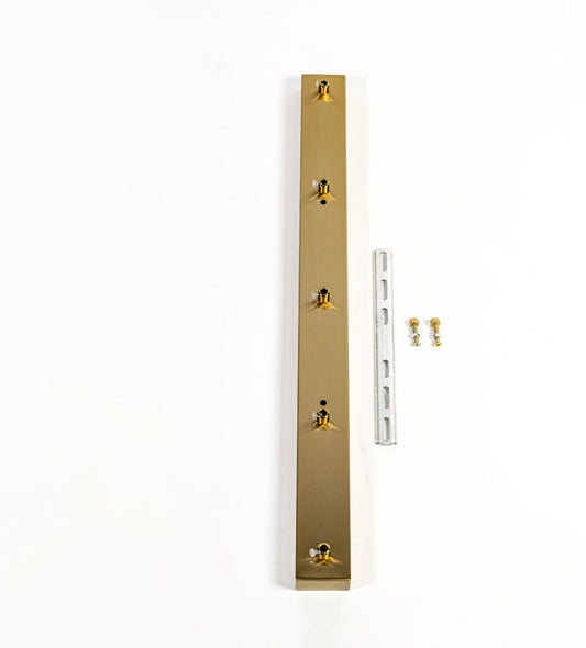 Brushed gold metal wall light mounting bar displayed on white background showing clean design and hardware for picture light setup.