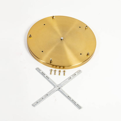 Round gold metal ceiling canopy with mounting hardware displayed on white background for pendant and chandelier installation support.