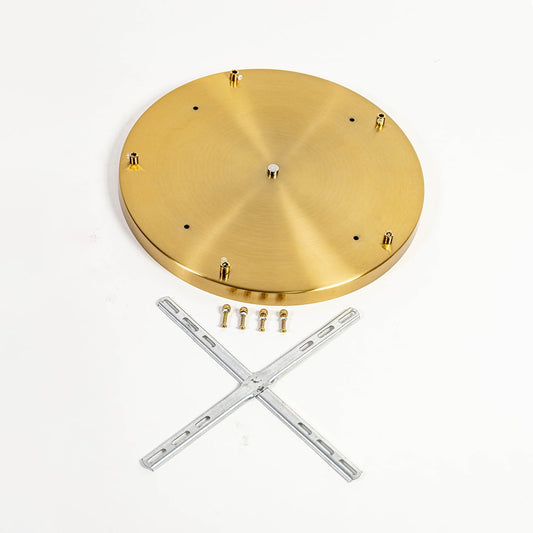 Round gold metal ceiling canopy with mounting hardware displayed on white background for pendant and chandelier installation support.