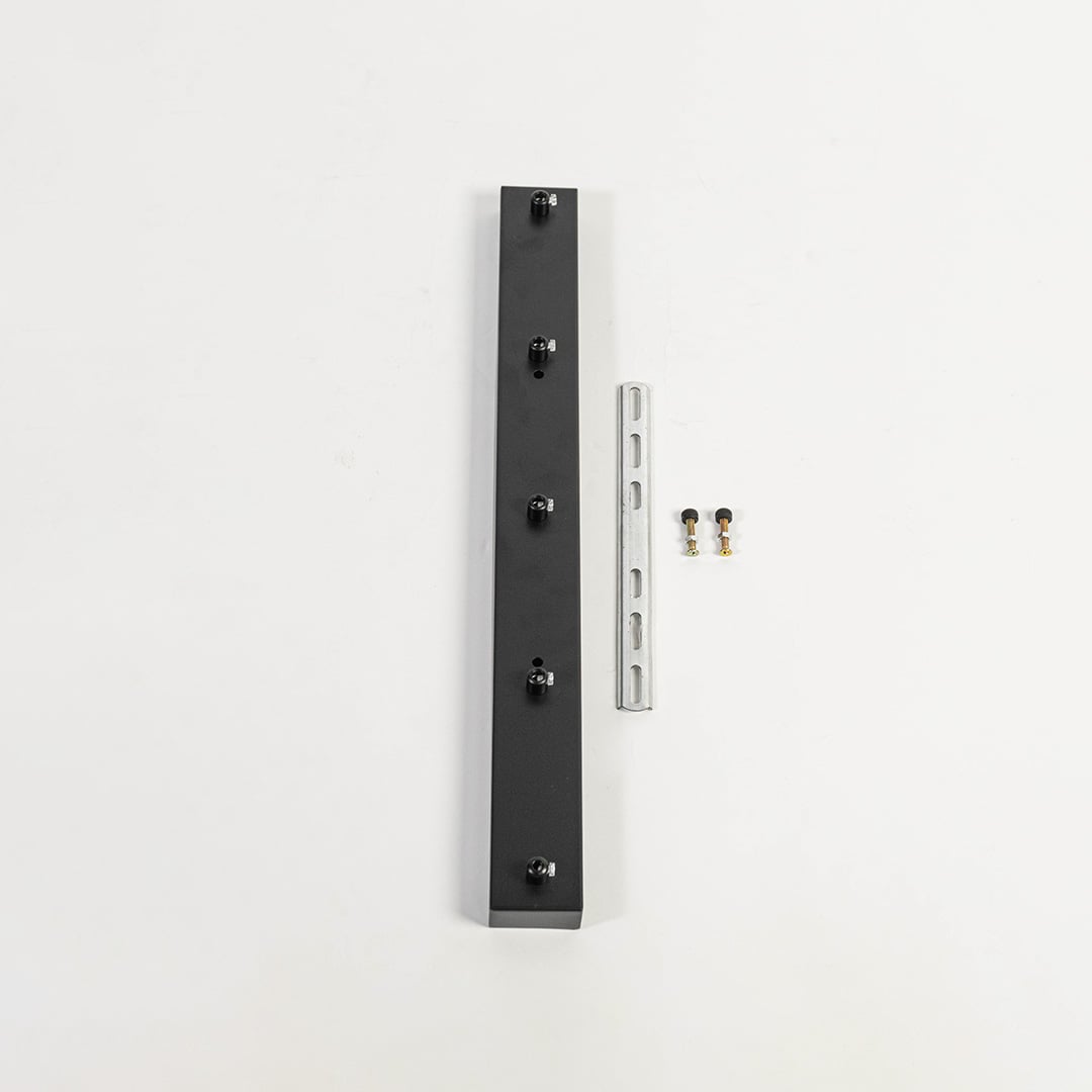 Black metal picture light mounting bar with screw fittings displayed on white background for secure wall light installation support.