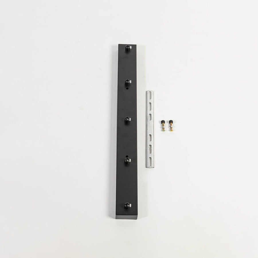 Black metal picture light mounting bar with screw fittings displayed on white background for secure wall light installation support.