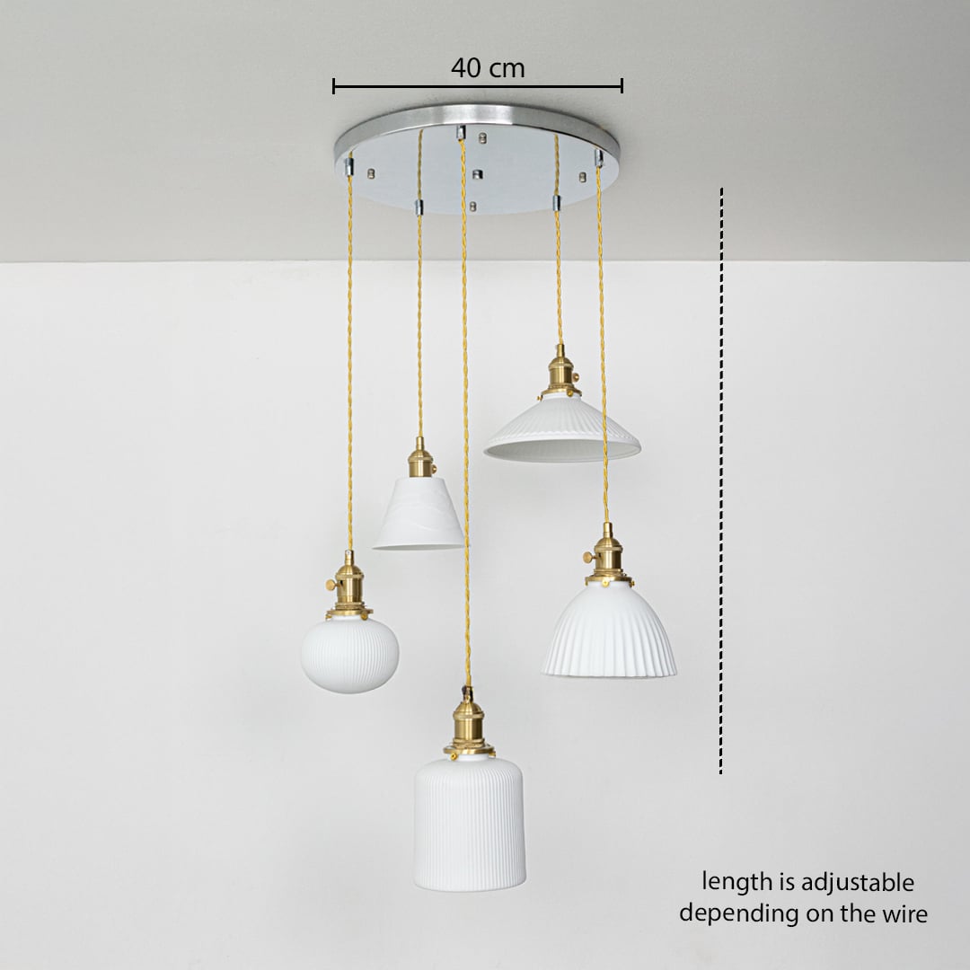 Five assorted white glass pendant lights dimension image with adjustable length and 40 cm canopy for modern dining placement.