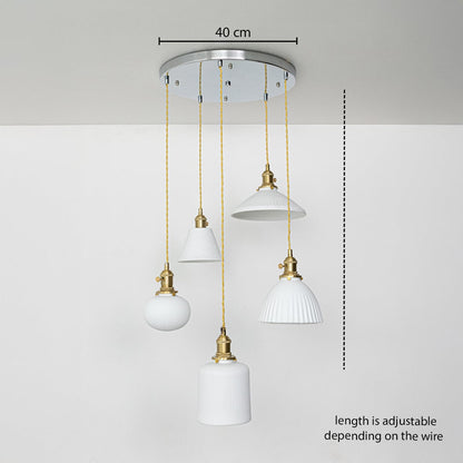 Five assorted white glass pendant lights dimension image with adjustable length and 40 cm canopy for modern dining placement.