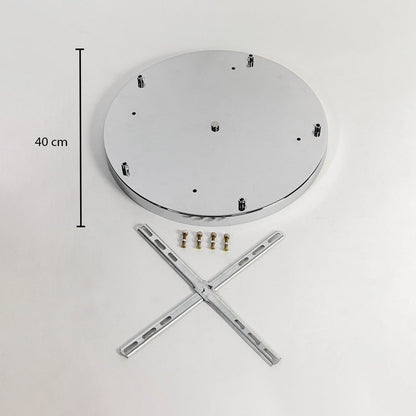 Silver metal ceiling canopy with 40 cm size markings displayed alongside cross mounting bracket and fixing screws on white background.